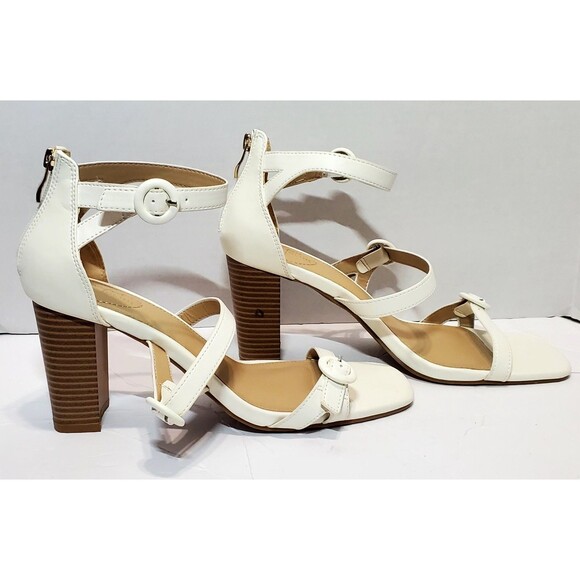 White Strappy Block Heel Sandals Zip Back Open Toe Size 10M Zipper Heels - Picture 5 of 9
